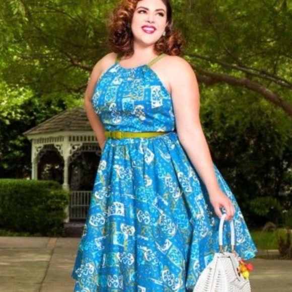 Pinup Couture Blue Tiki Harley Midi Swing Dress 2X - Picture 3 of 8
